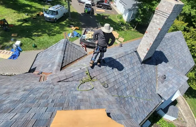 Synthetic slate shake roof installed on a large Colorado home